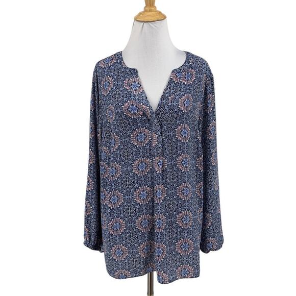 Tahari Top Womens 1X Plus Multi Medallion Print Split Neck Long Sleeve Popover - Picture 1 of 11